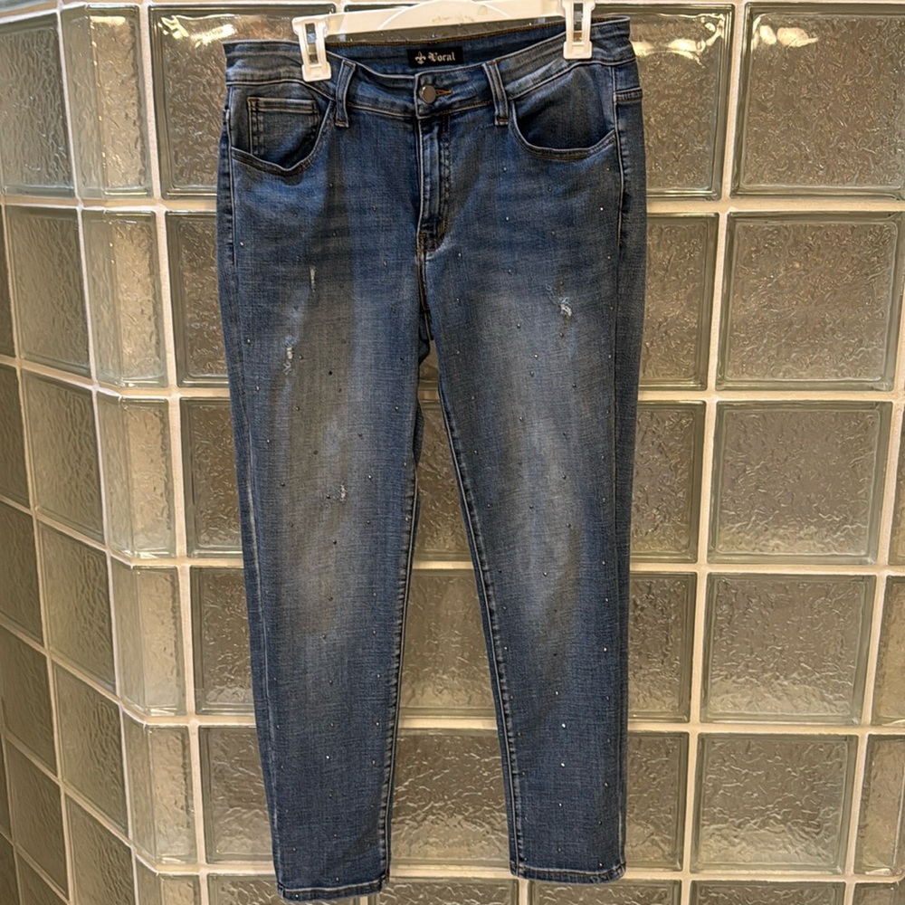 VOCAL Womens Rhinestone BLING DISTRESSED JEANS PANT size XL Mid Rise Stretch